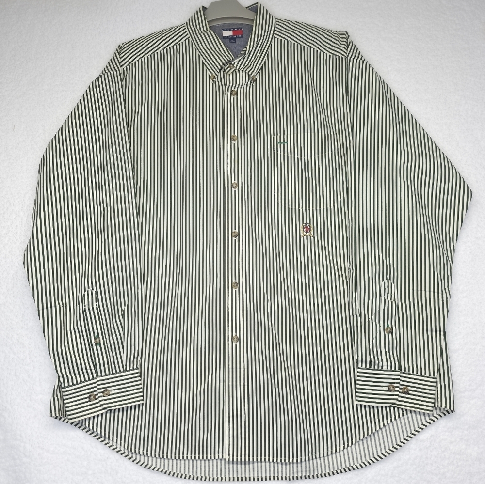 Tommy Hilfiger Vintage Green/White Striped Button Down Shirt Mens XL - Picture 3 of 10